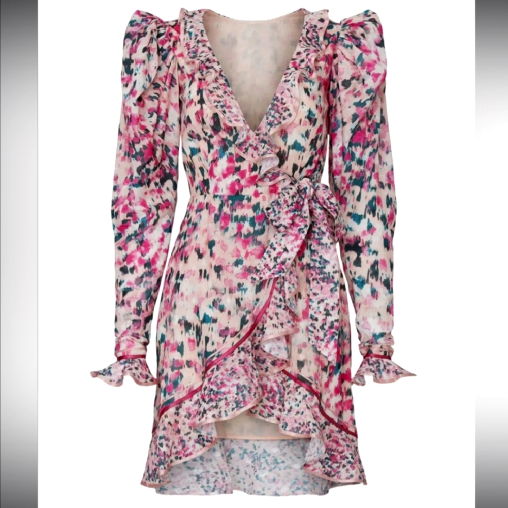 Rococo Sand Floral Cottagecore Pastel Ruffle Wrap Mini Dress XS